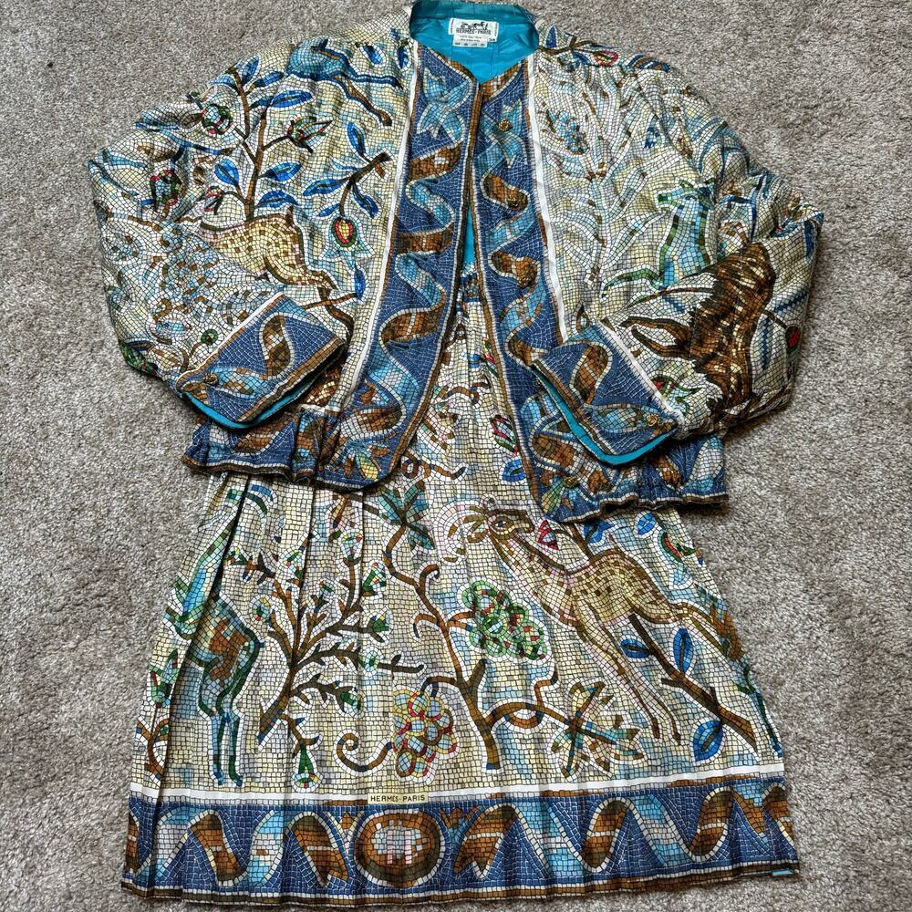 Hermes Silk Pavement Mosaic Tiles Patterned Bomber Jacket And Mini Skirt US 2/38